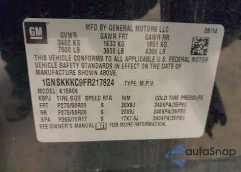 2015 Chevrolet Suburban 1500 Ltz from USA, damaged, VIN 1GNSKKKC9FR217824